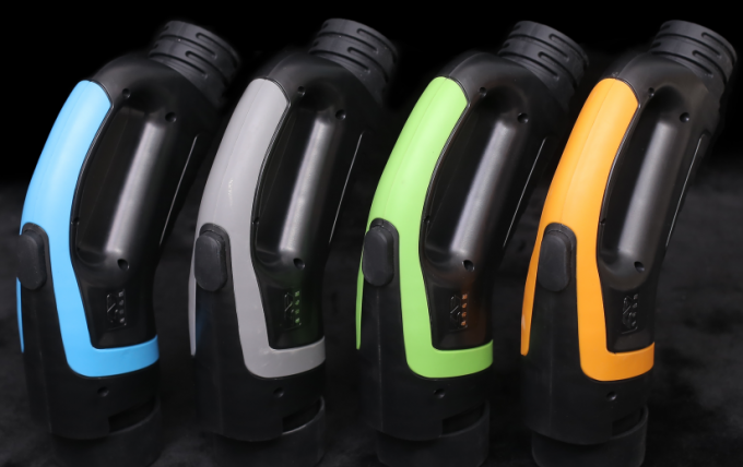 250A 750V GB/T EV charger with electromagnetic locking device — front view showing connector head and cable assembly
